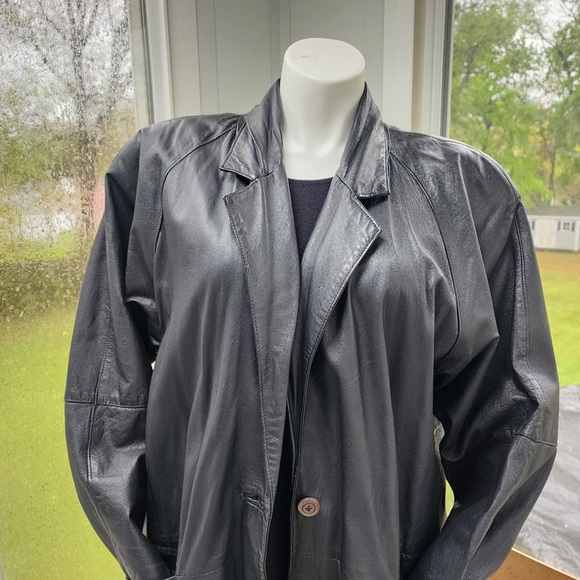 Vintage Accent Black Leather Cocoon Sleeve Maxi Single Breasted  Coat Size XL - Picture 2 of 14